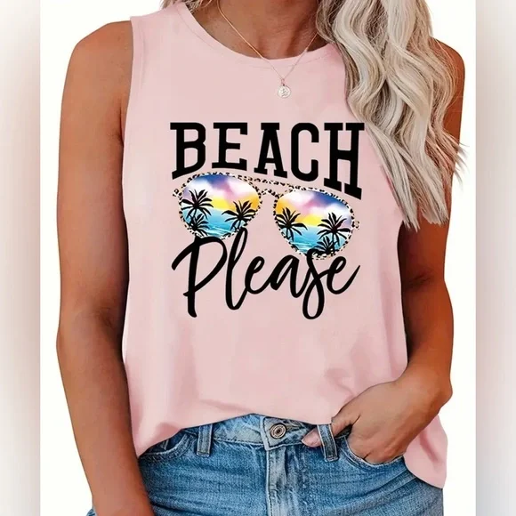 *Beach Please* Palm Trees Sunglasses Graphic Sleeveless Tank Top - Picture 1 of 6
